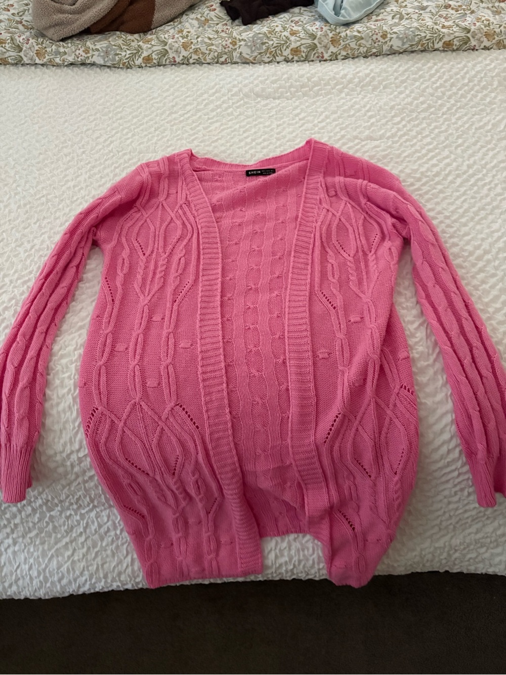 SHEIN Pink Cable Knit Open-Front Cardigan